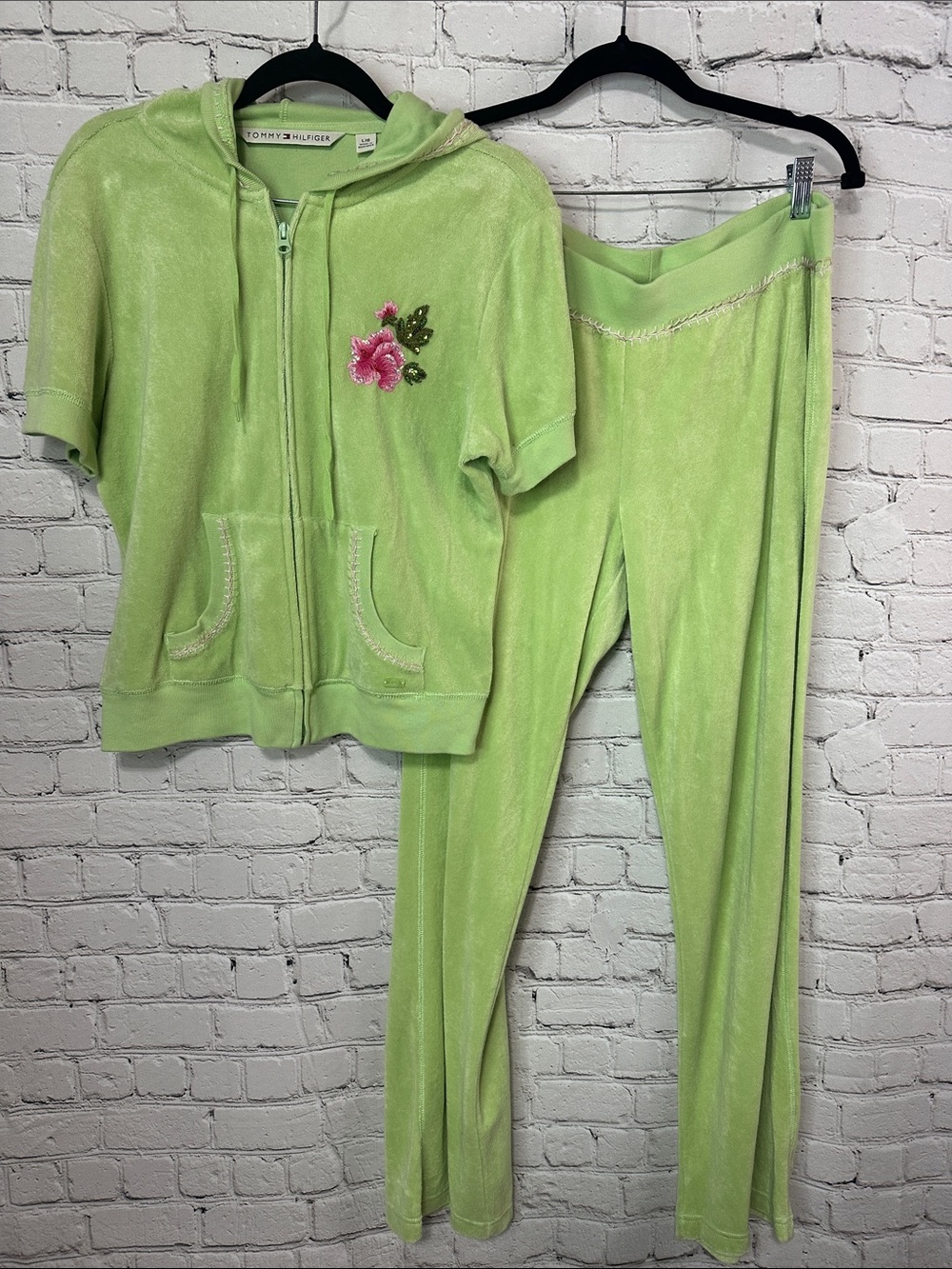 Y2K Tommy Hilfiger Lime Green Terry Cloth Lounge Set Floral Sequin Hoodie Size L